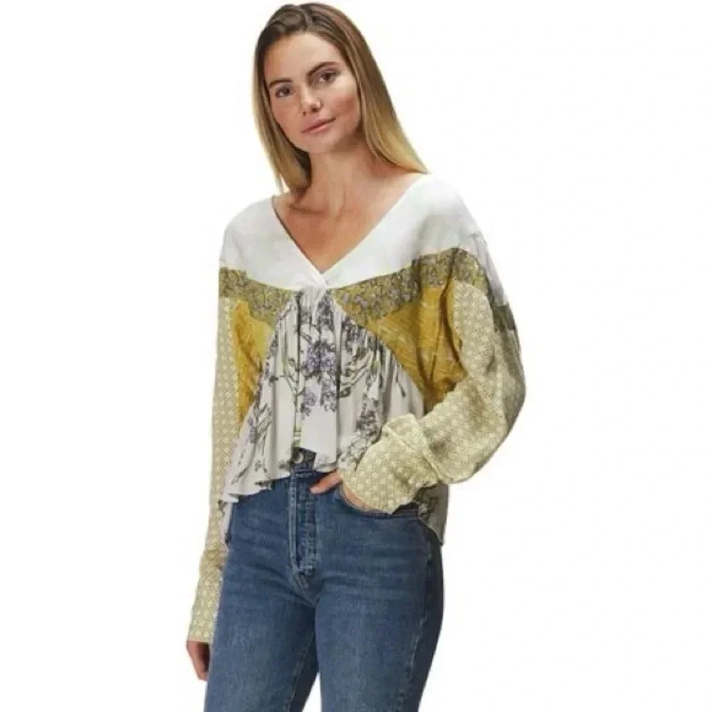 Free People Aloha State of Mind Floral Top Peasant Boho Blouse size XS